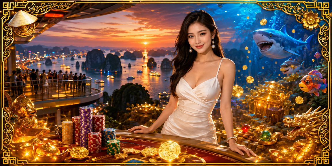 Người dùng tại Vịnh Hạ Long sử dụng ứng dụng casino trên điện thoại với cảnh thiên nhiên phía sau