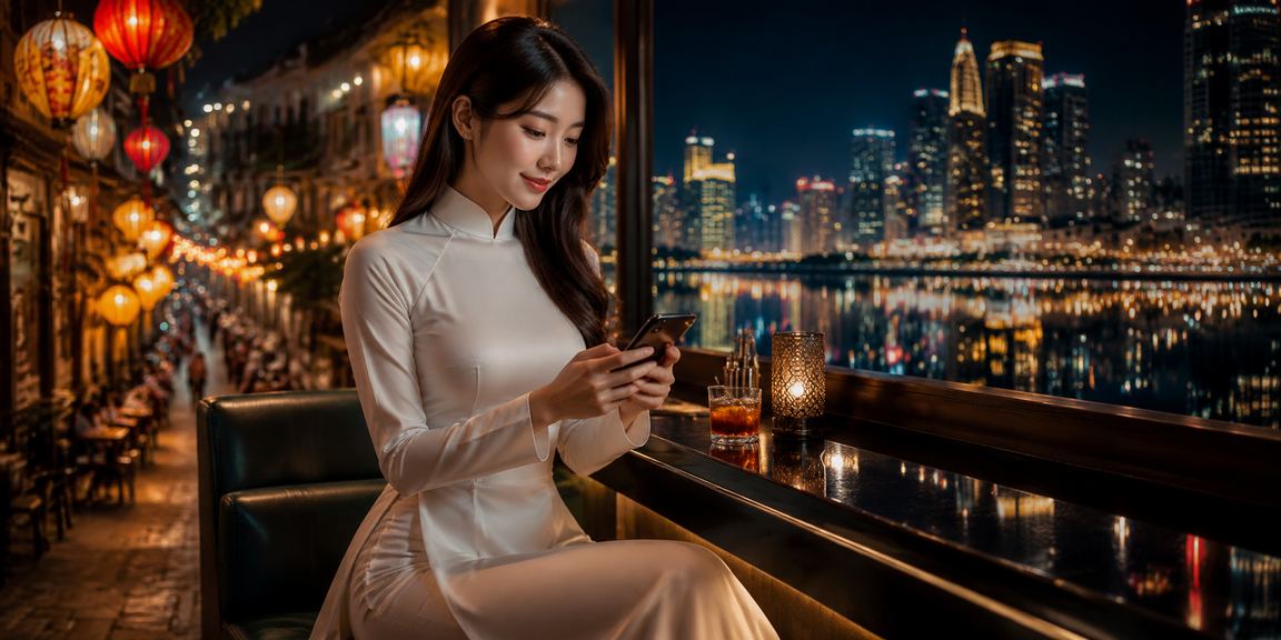 Người Hà Nội mặc áo dài xem kết quả cá cược thể thao trên điện thoại